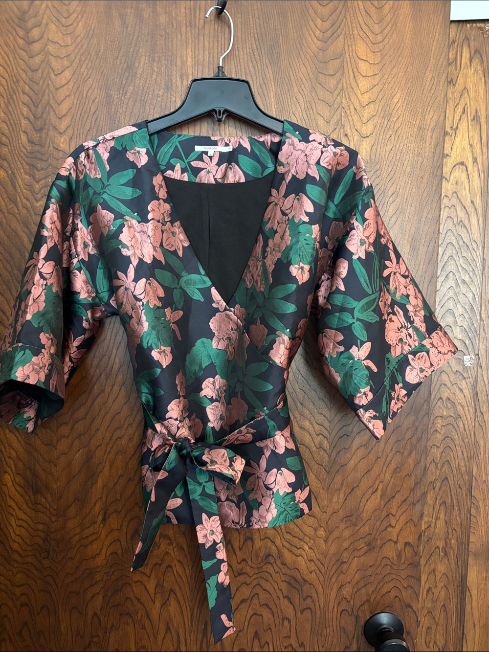 Tularosa Black Floral Top with Pink Blossoms and Green Leaves